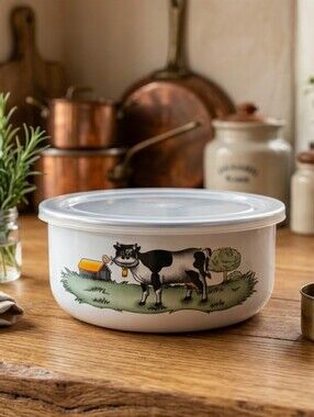 Vintage Enamelware Cow Storage Bowl with Clear Lid - Country Kitchen Decor